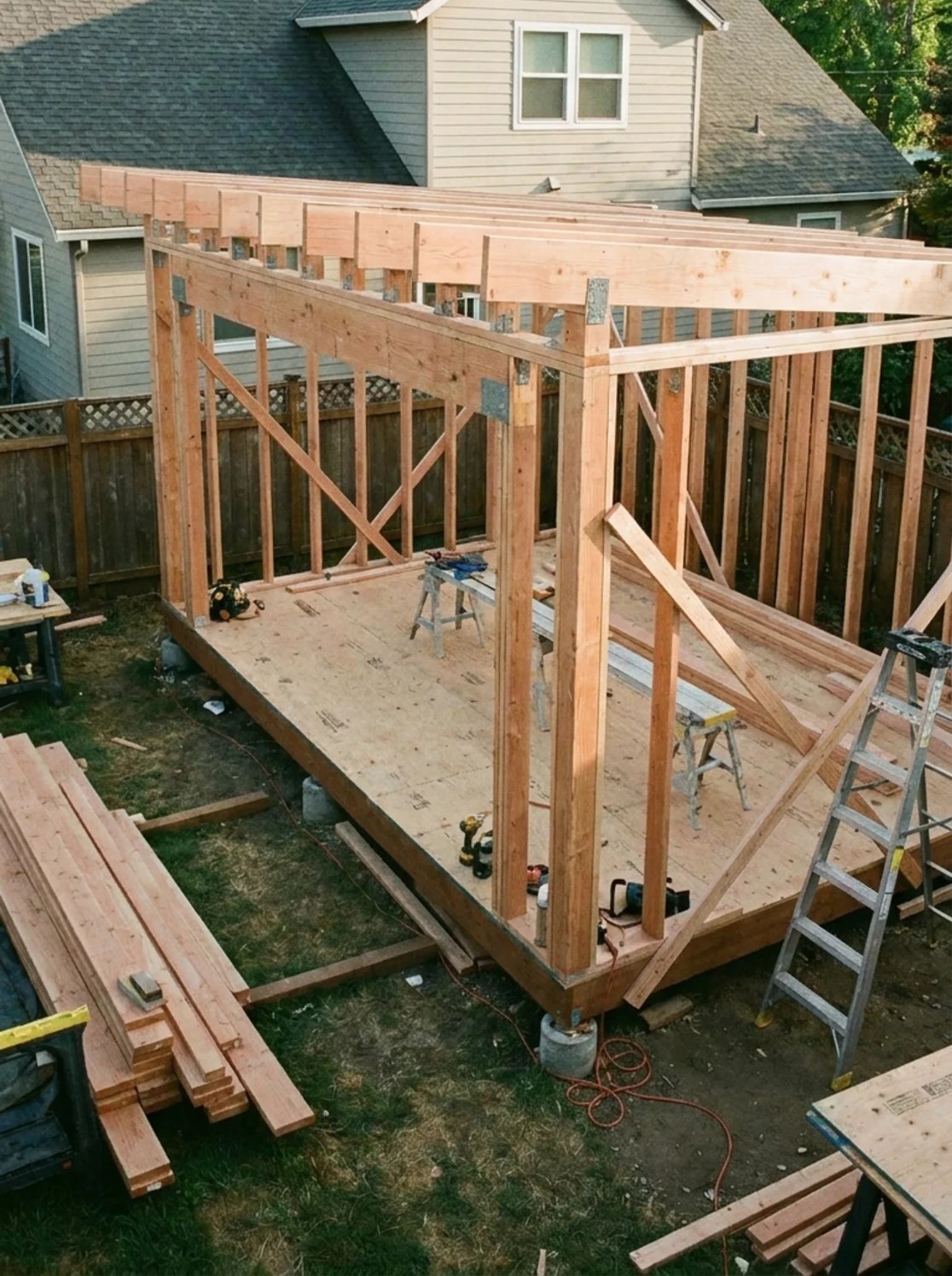 Detached ADU wall and roof framing on a new platform floor in a backyard, with the main house behind