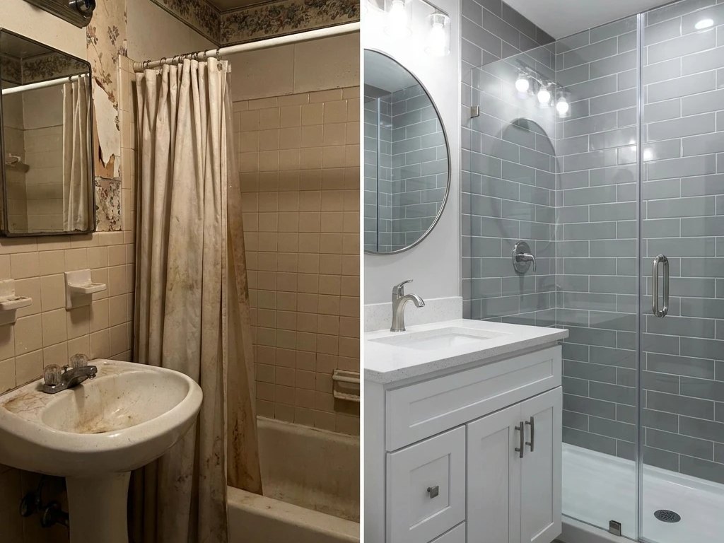 Bathroom remodel before and after: stained pedestal sink and shower curtain replaced with a white vanity and a glass-enclosed gray subway-tile shower