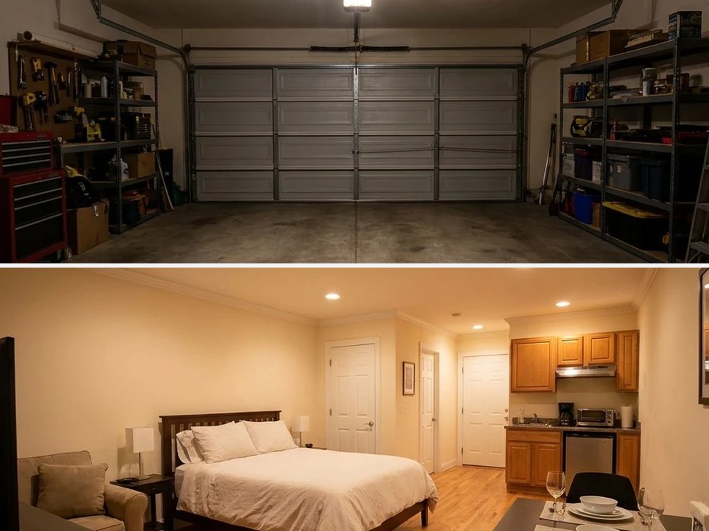 Garage conversion before and after: a cluttered two-car garage, then a finished studio with a bed, wood floors and a kitchenette