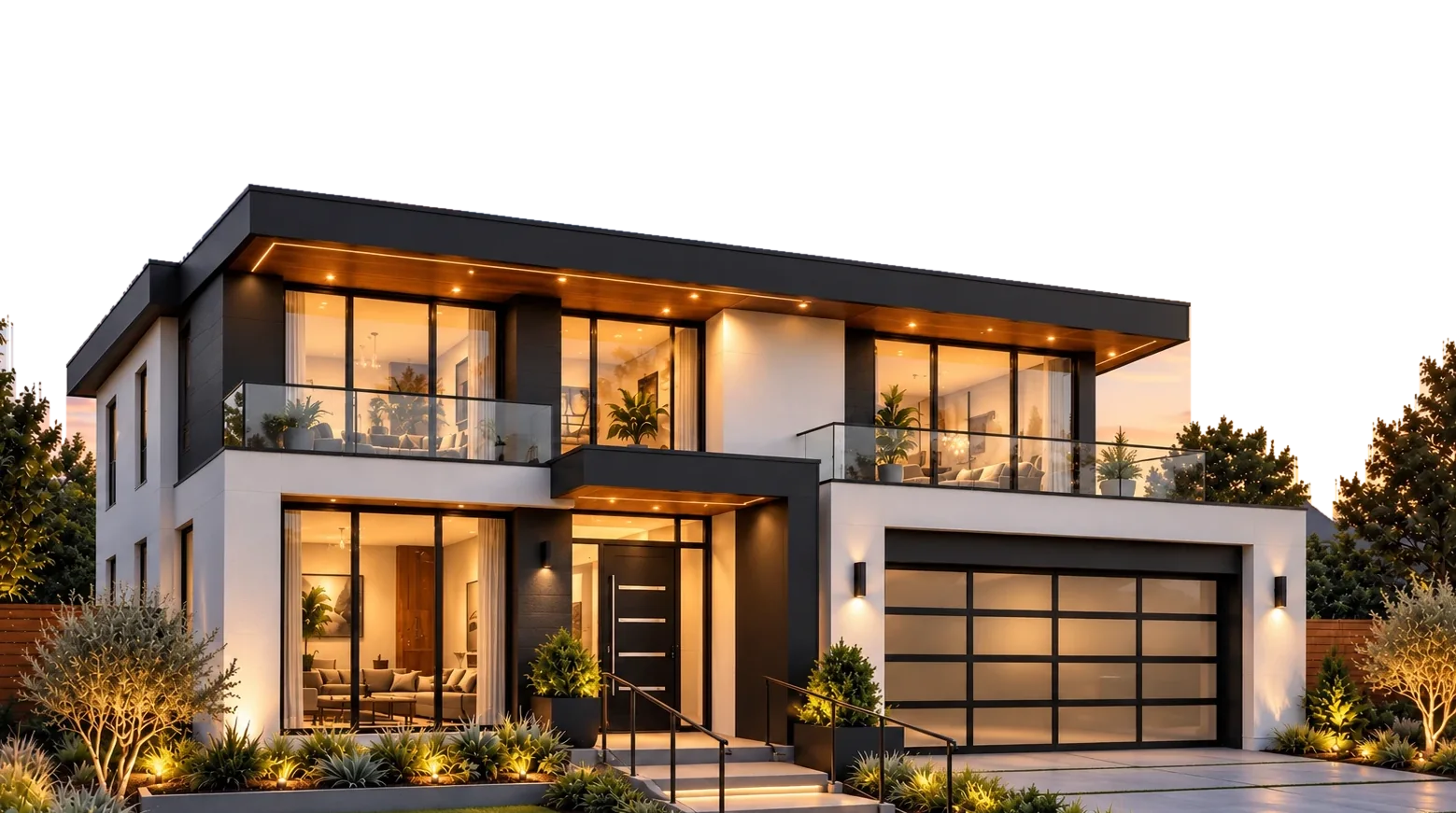 A finished modern two-story home at dusk: glass balconies, a glass garage door, and warm lights along the front steps