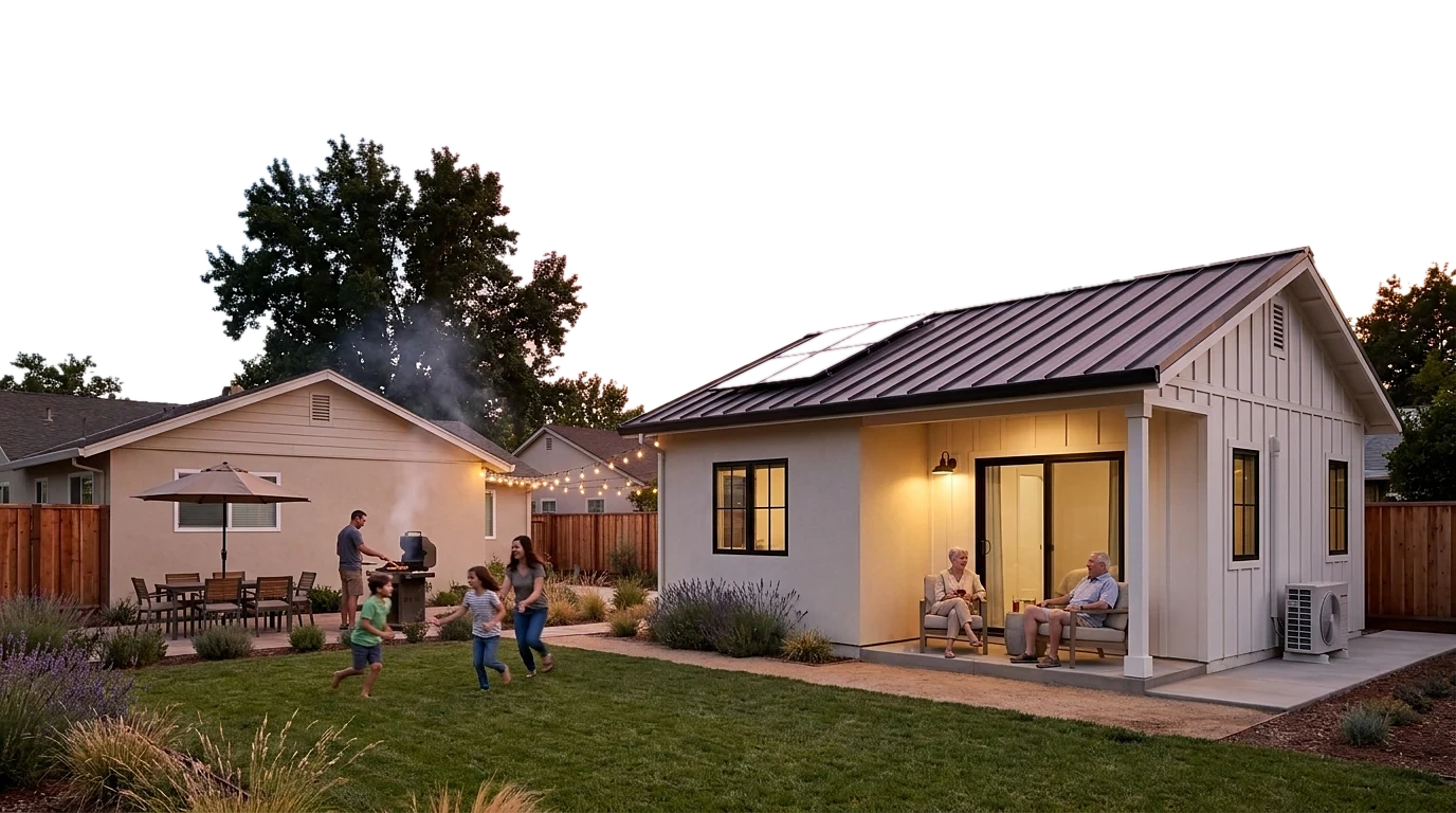 A finished backyard ADU at sunset: a couple relaxing on its lit porch, kids playing on the lawn, and the main house behind