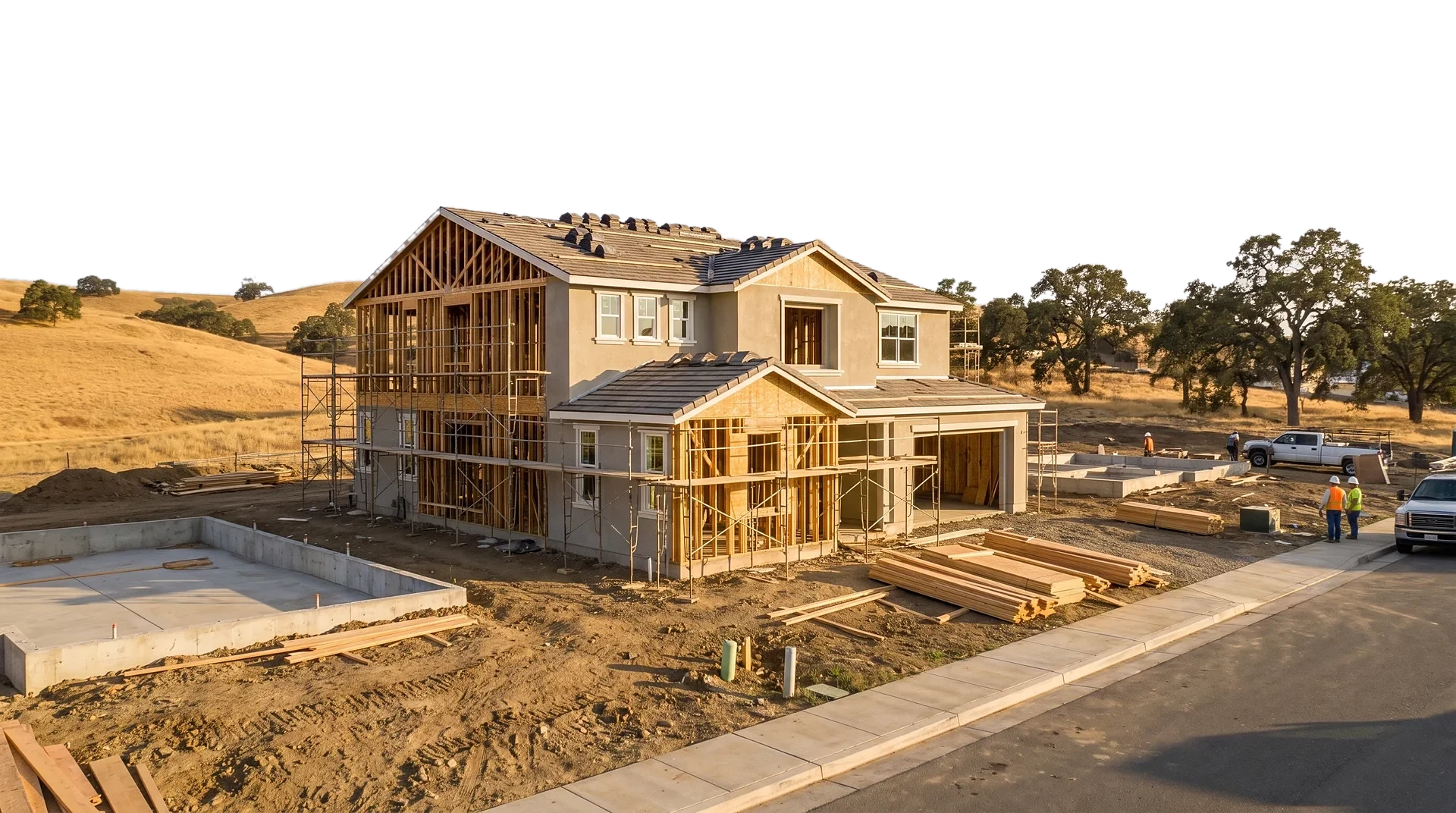 A two-story custom home under construction at sunset: framed and roofed, with scaffolding up and lumber staged out front