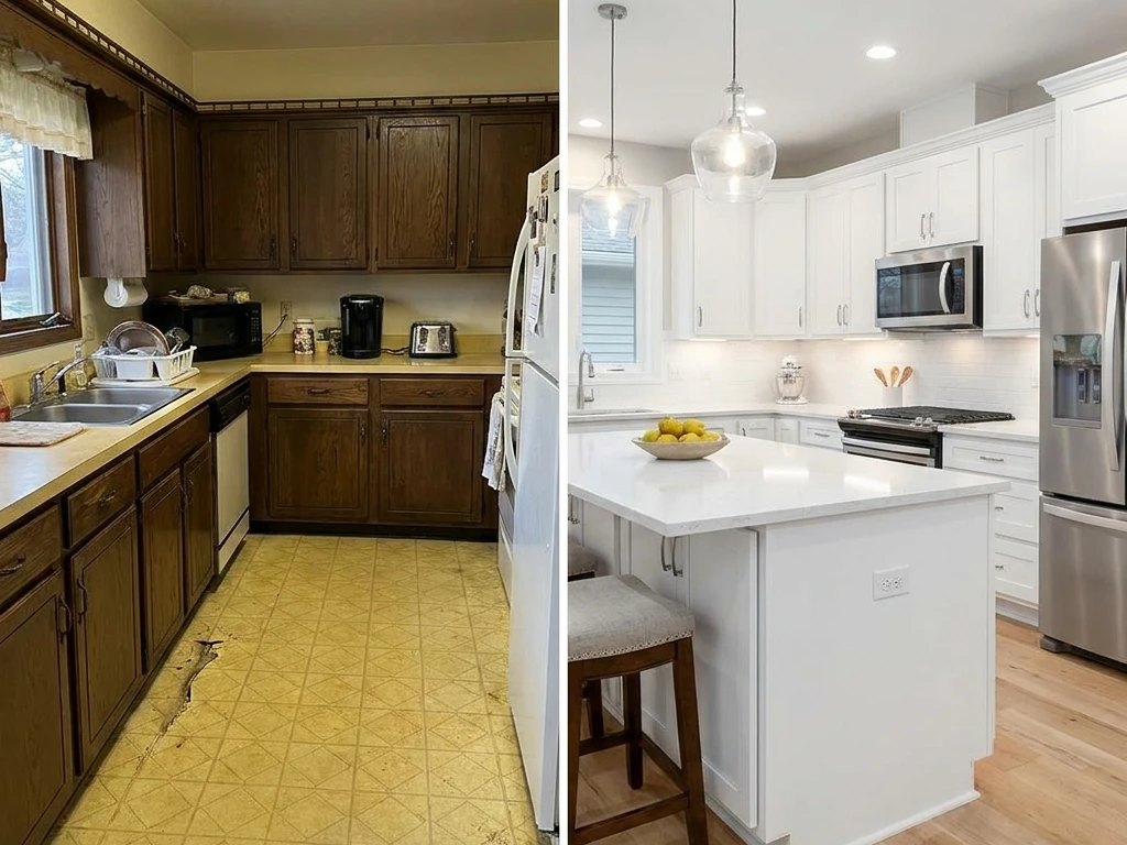 Kitchen remodel before and after: dark wood cabinets and yellow vinyl floor replaced with white cabinets, a quartz island and wood floors