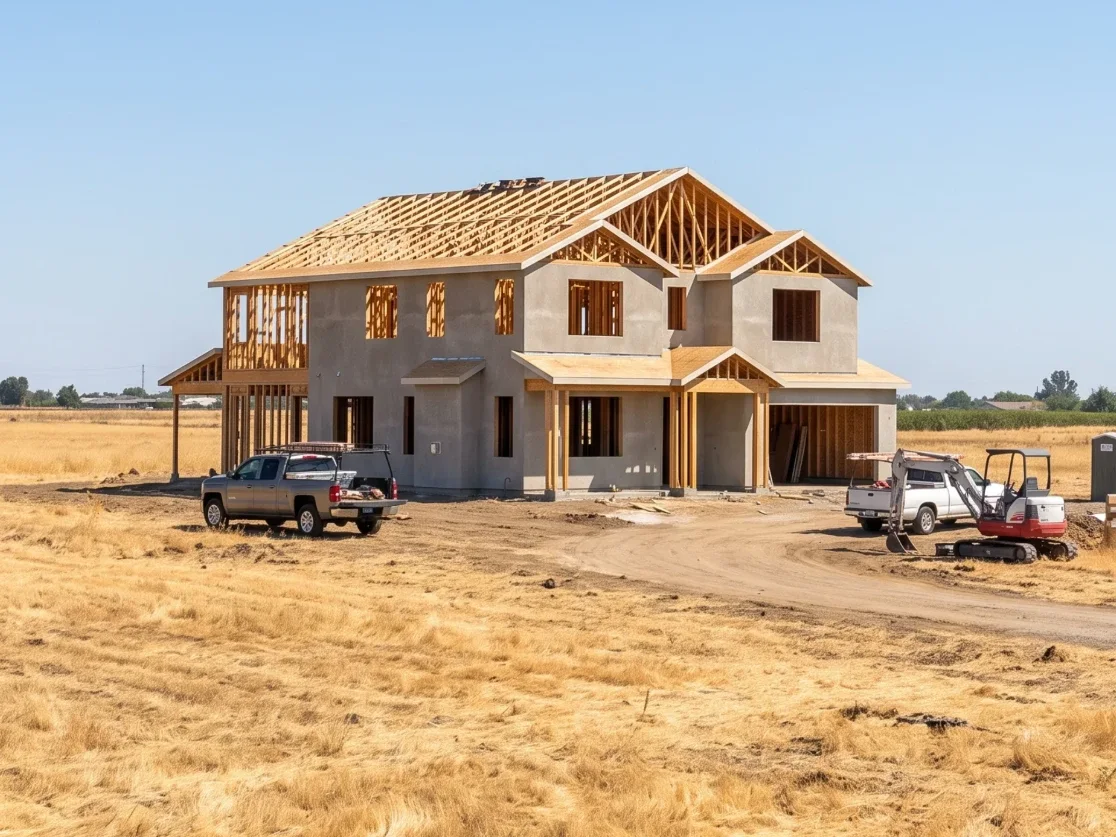 A two-story custom home under construction on an open lot