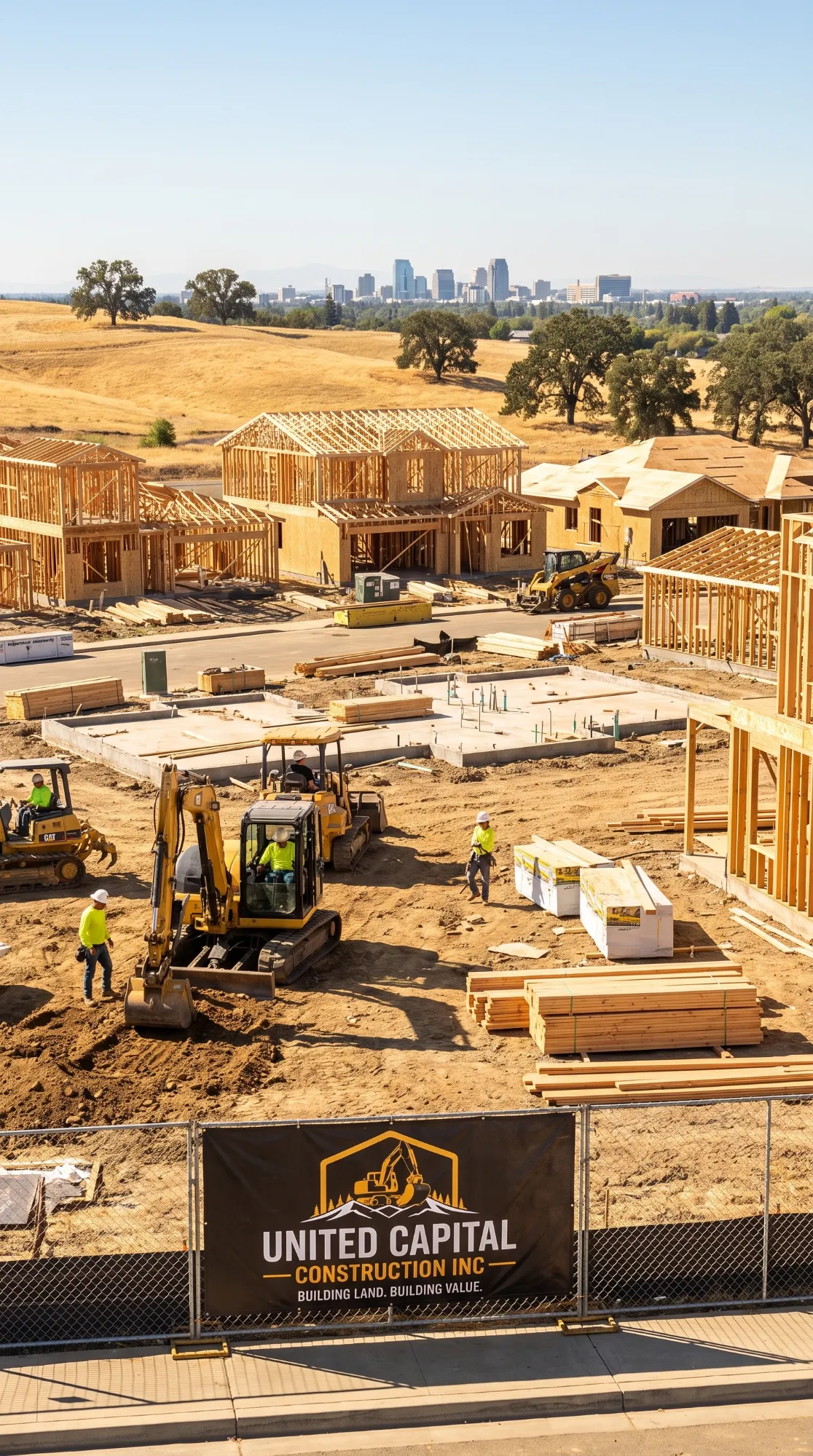 A United Capital Construction job site: an excavator and crew at work beside new foundations and wall framing, with stacks of lumber and a company banner on the fence